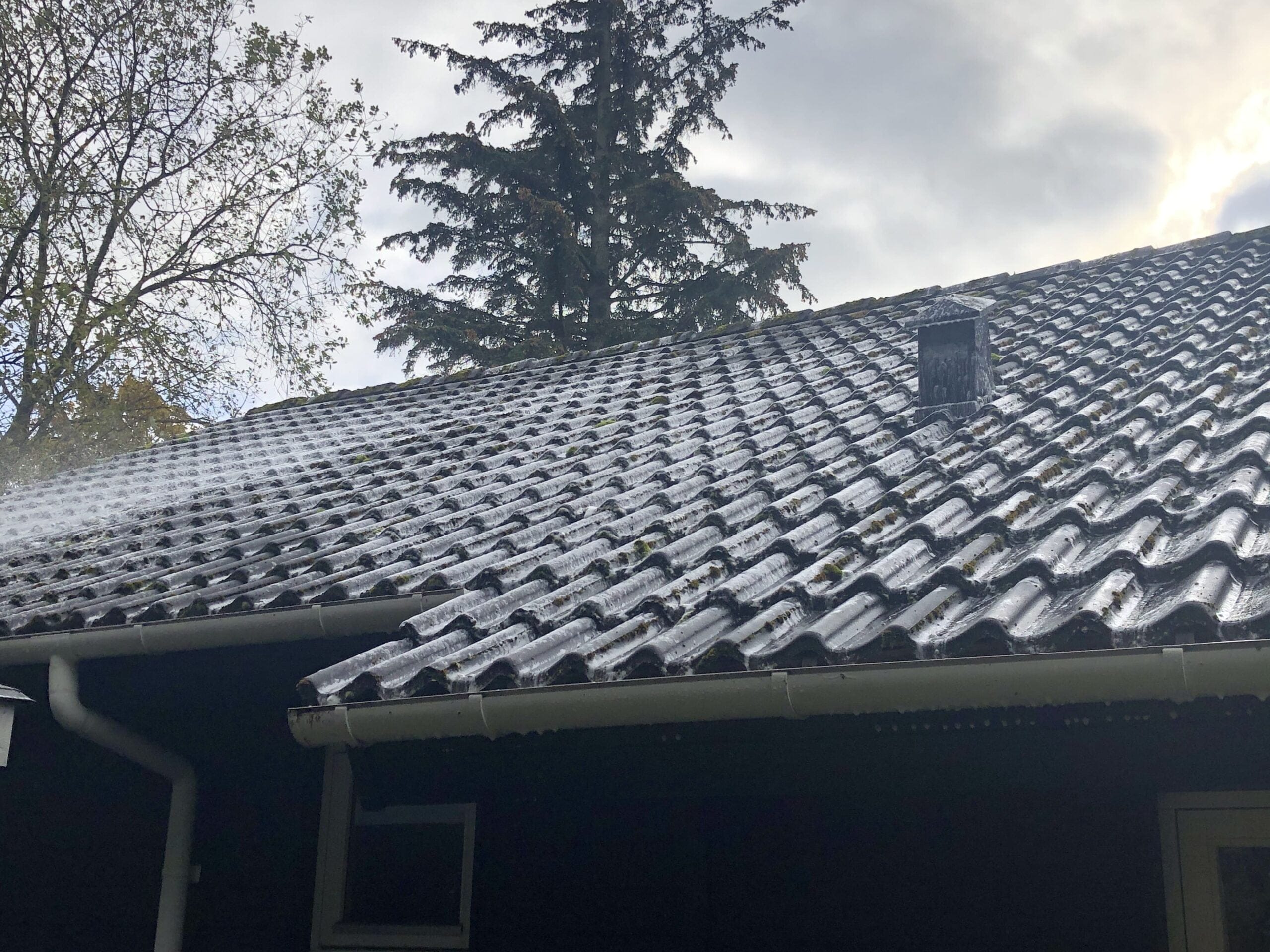 Rensning af tag med skum på husets tagsten